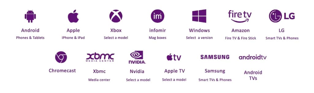 Supported platforms: Android phones and tablets, Apple iPhone and iPad, Xbox, Infomir MAG boxes, Windows, Amazon Fire TV and Fire Stick, LG, Chromecast, Xbmc, Nvidia, Apple TV, Samsung and Android TV