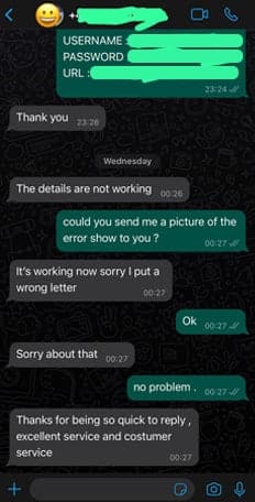 WhatsApp chat in which a customer, after a quick login fix, praises the fast reply and customer service
