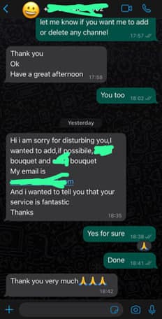 WhatsApp chat in which a customer asks to add channel packages and says the service is fantastic